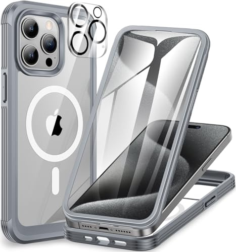 CENHUFO für iPhone 15 Pro Hülle, Kompatibel mit MagSafe Eingebautem Panzerglas Displayschutz und Kameraschutz, 360 Grad Schutzhülle Stoßfest Cover Case Magnetisch Handyhülle iPhone 15 Pro - Grau