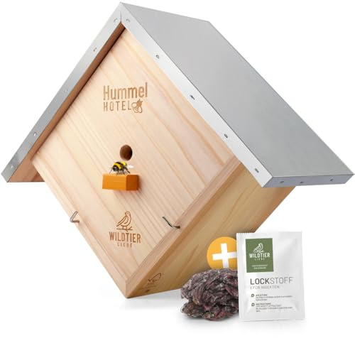 wildtier liebe Hummelhotel zum Aufhängen I Geschraubtes Massivholz, Set mit Nistmaterial I Nisthilfe für Hummeln aus wetterfestem Holz, Hummelhaus, Insektenhotel für den Garten