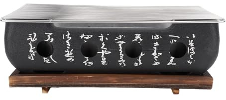 Japanese BBQ Grill, Aluminium Alloy Charcoal Stove Hibachi Grill with Wire Mesh Grill and Wooden Base, Portable Barbecue Stove, Household Charcoal Grill (XL)