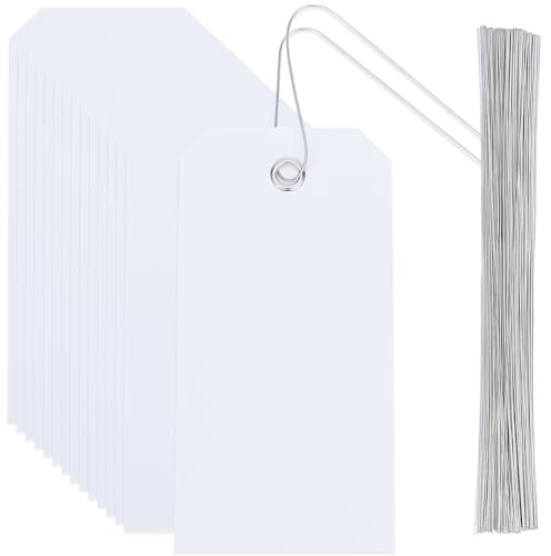 SOFPLATE 100 pz Etichette di Spedizione Bianche Vuote Etichette di Plastica Impermeabili 4.7 x 2.4 pollici Rettangolo Heavy Duty Hang Tag con Filo di Ferro Etichette di Identificazione Del Nome per Ap