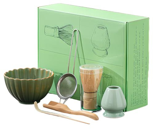 Juego de batidores Matcha de 6 piezas, tazón Matcha con boquilla, batidor Matcha, soporte para batidor de cerámica, cuchara Matcha de bambú y tamiz inoxidable, kit de ceremonia Matcha hecho mano A