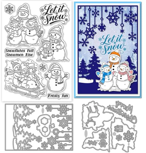 GLOBLELAND Weihnachts Schneemann Stempel Und Metall Stanzformen Schneemann Familie Transparenter Stempel Schneeflocken Stanzformen Für Kartengestaltung Prägung Scrapbooking