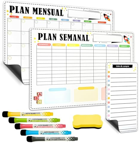 LIRIF® Pack Calendario Magnético Nevera |planificador semanal y mensual nevera A3 | Pizarra Magnética Nevera con Lista de Compras + 5 Rotuladoresy Borrador | Ideal para Organización Familiar