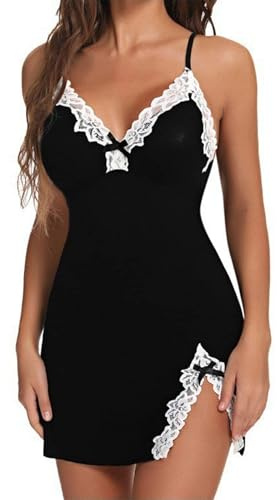 ADUDVLO Sexy Nightwear for Women Sexy Lingerie for Women Lingerie Sets for Women UK Lace Babydoll with Robe Nightdress Sleepwear for Anniversary, Christmas, Valentine’s Day (Black, L)