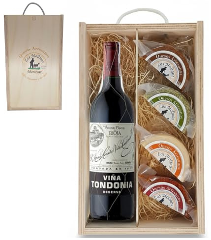 Estuche Gourmet 4 Quesos Artesanos de Leche Cabra con Botella Vino Tinto Viña Tondonia | Caja de Madera | Queso Semicurado, Romero, Pimentón y Curado | Regalo Gastronómico | Ganadería Propia