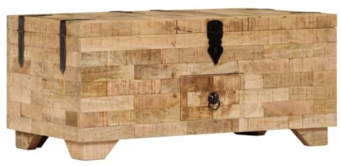 Mesa de centro de madera maciza de mango, mesa de almacenamiento con 3 compartimentos y cajón de madera maciza de mango, 80 x 40 x 35 cm, hecha a mano para salón comedor como mesa auxiliar, baúl