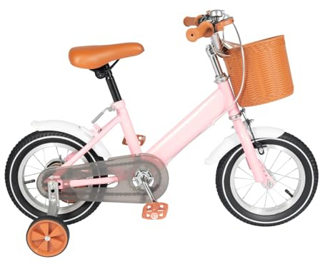 BJTDLLX 12 tums barncykel med främre korg och stödhjul, flickor och pojkar barncykel för 2–4 år, 3-hjul utomhus cykel springcykel, justerbar höjd 60–70 cm (rosa)