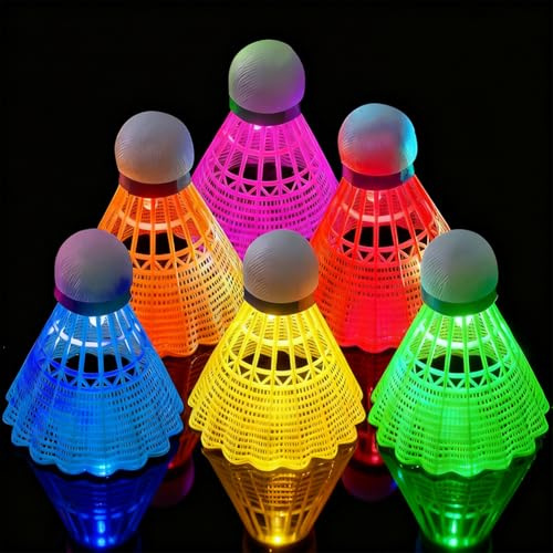 DASIAUTOEM LED Badminton Bälle, 6er Set Federball Leuchtend, Federball Set Badminton Bälle, Leuchtende Federbälle, für Nacht Sportliche Aktivitäten Drinnen und Draußen