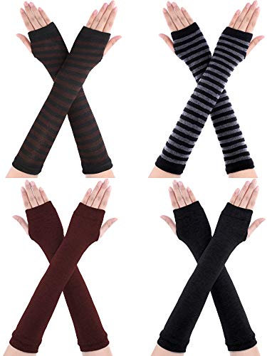 Bememo 4 Pairs Punk Gothic Long Fingerless Gloves Knitted Arm Warmer Elbow Length Thumb Hole Gloves Emo Costume Accessories(Black, Coffee, Striped Color)