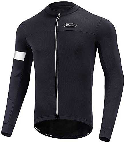 Dooy Herren Fahrradtrikot Thermo Herbst Winter Langarm Fahrradtrikot Atmungsaktive Softshelljacke mit durchgehendem Reißverschluss und Gesäßtaschen