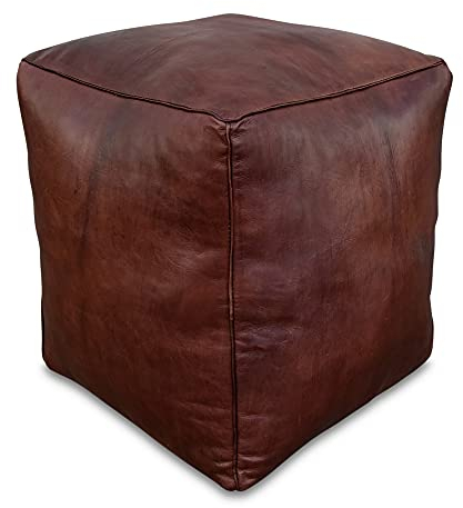 Poufs&Pillows Quadratischer Leder Pouf XL - Handgefertigt - gefüllt geliefert - Ottoman, Sitzsack, Fußhocker (Dunkelbraun)