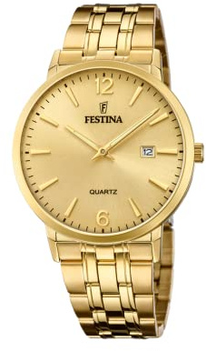 Festina Montre Homme Analogique en Acier Inoxydable 316L Doré - Mouvement Quartz - Calendrier - Verre Minéral Haute Résistance - Étanche 5 ATM F20513/3