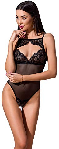 Selente Love & Fun Accattivante Guepiere/corsetto con tanga o body ed esclusiva benda per occhi in raso, body nero aperto, S-M