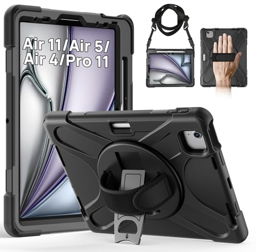 Gerutek Hülle für iPad Air 11 Zoll (M4/M3/M2)/ Air 5./4. Gen 10,9'',Schwarz | Stoßfeste für iPad Pro 11 (4./3./2./1.Gen) Hülle, 360° Drehbar Stände, Hand-/Schultergurt Stifthalter, Arbeit/Outdoor/Drinnen