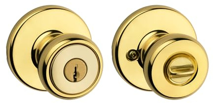 Kwikset Tylo Entry Door Knob with Lock and Key, Secure Keyed Handle Exterior Doorlock, Doorknob For Front Entrance and Bedrooms in Polished Brass