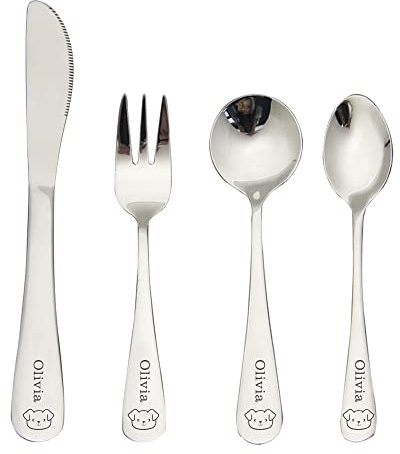 Kids Cutlery Set for Girl Boy Personalised Toddler Cutlery Set Stainless Steel 4pcs Set Engraved Any Name 1 Fork 1 Safe Dinner Knife and 2 Dinner Spoons Gifts for Christmas Birthday(Design 3)