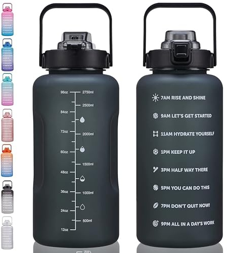 ST-YIBEN 100oz Large Motivational Water Bottle with Time Marker,Leakproof & BPA Free 3 Liter Black Gallon Water Bottle with Straw & Handle Tritan Frosted Water Jug for Women Men to Fitness,Gym,Sports