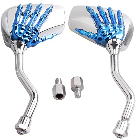 AULESSE 1 Pair Left Right Universal Motorcycle Rear View Mirrors, | Scooter Chrome Skull Hands Claw Side Mirrors, with 8mm and 10mm Screws, For Motorcycles, E-Bikes (Blue)