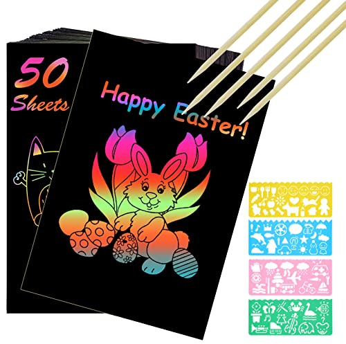 Vicloon Kratzbilder Kinder, 50 Blätter Regenbogen Kratzpapier,5 Holzstifte,4 Malschablonen, Magic Scratch Book, Kratzpapier Set zum Zeichnen und Basteln, 13 * 19cm…