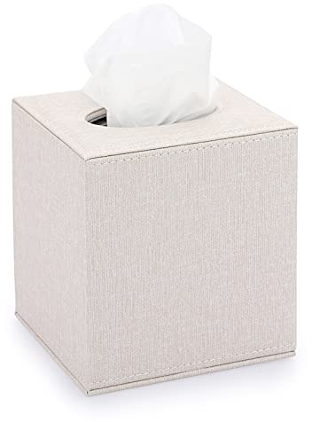 Sumnacon Square Linen Tissue Box Cover - Stylish Cube Tissue Box Holder with Magnetic Bottom, Decorative for Vanity, Toilet Tank, Dresser, Night Stand, Table, Countertop, Office, Beige
