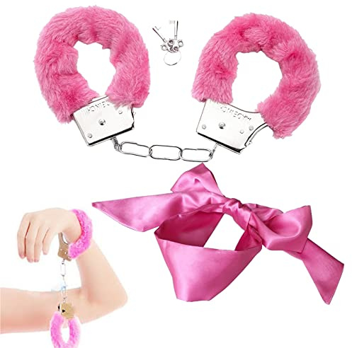 Pink Fluffy Handcuffs, Metal Handcuffs with 2 Keys, Satin Eye Mask Satin Eyecover, Handcuffs Toys for Sleeping Games,Valentine's Gift Cosplay Costume Props