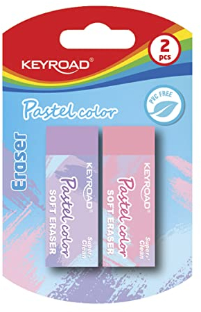 KeyRoad Universal Radiergummi/Radierer für Bleistift und Buntstift/ 2 Stücke/Blister/Farbe: Pastellfarben/Ideal Schule Büro, KR972036