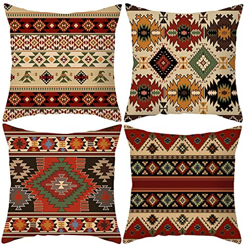 HOSTECCO Aztec Tribal Cushion Covers 45x45 cm Pack of 4 Ethnic Geometric Cushion Cases Western Decorative Pillow Cases for Sofa Bed