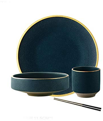 Piatto da cena Piatti Piatto piano rotondo verde scuro, scodella for zuppa, tazza, bacchette, adatto for dessert con insalata di bistecca, stoviglie in gres, set di 4 ciotole.Piatti for la cena ( Si
