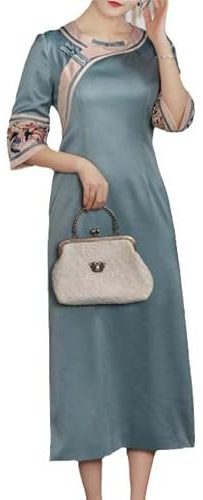 CHONG FENG XIA Abito Cheongsam primavera e autunno abito tang femminile vento cinese vento etnico Servizio da tè cinese Sezione lunga, Blu, L