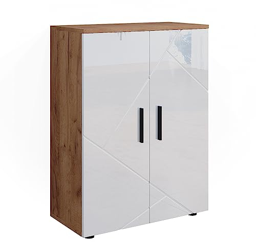 Vicco Midischrank Weiß Hochglanz/Goldkraft Eiche Irma 60x81x30 cm - Die Badezimmermöbel, Zwei Türen bieten verdeckten Stauraum für Pflegeprodukte & Handtücher