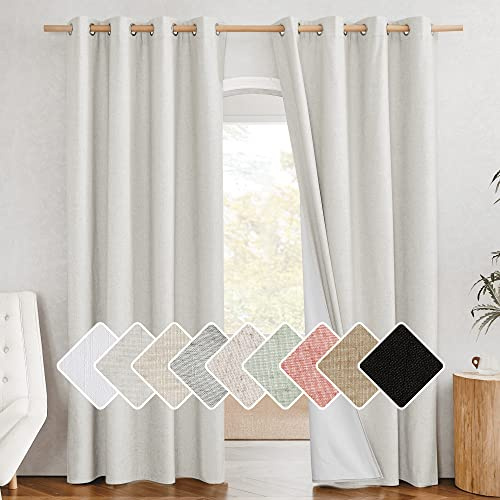 NICETOWN 100% Absolutely Blackout Linen Curtains with Thermal Insulated White Liner, Ivory, W52, 2 Pieces, Noise Reducing Textured Linen Look Curtains for Windows 90 inch Length for Classroom