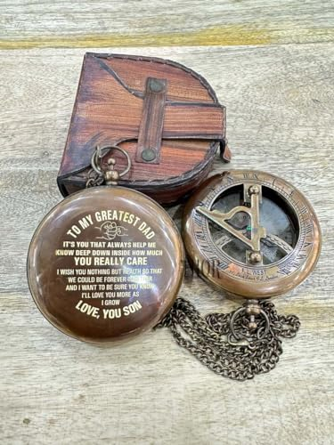 Taschen-Sonnenuhr-Kompass aus Messing mit Kette, Lederetui und für Väter, Kompass, Antiker Kompass, individuelles Geschenk, Messing-Sonnenuhr, Kompass, Vatertag, Geschenk