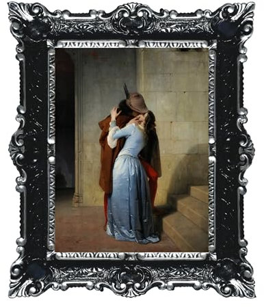LIGUORO SHOP Bild Der Kuss von Francesco Hayez Reproduktion gedruckt auf Papier in Leinwandoptik, mit Barockrahmen, 55 x 45 cm (Schwarz/Silber)