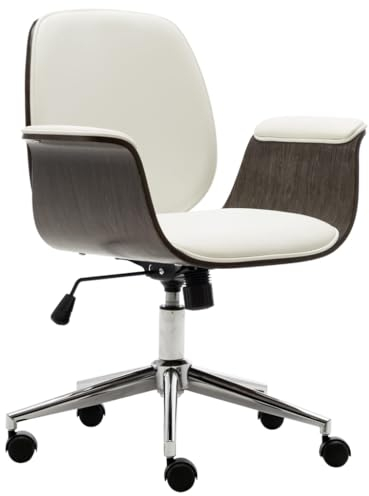 YUHI-HQYD Bürostuhl,Chefsessel,Sessel,Home Office Stuhl,Gepolsterter Stuhl,Arbeitsstuhl,Schreibtischstuhl,Kosmetischer Stuhl, für Arbeitszimmer,SchlafzimmerWeiß Bugholz und Kunstleder
