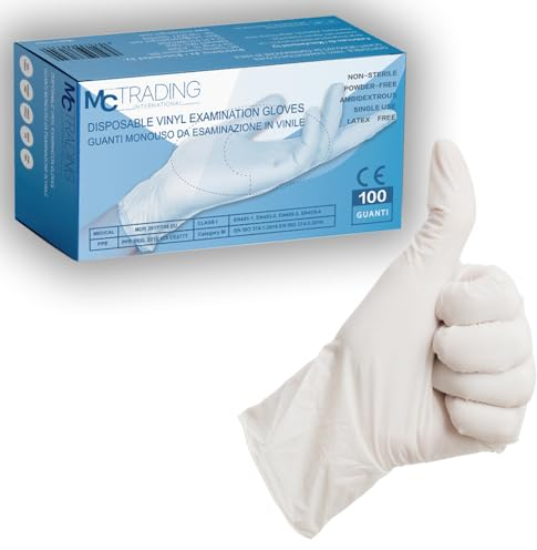 MCT INTERNATIONAL Guanti in Vinile Senza Polvere - Certificati CE, Ideali per Uso Medico, Laboratorio e Alimentare, Resistenti, Antiscivolo, Ambidestri, AQL 1.5, DPI Categoria III (S-100PCS)