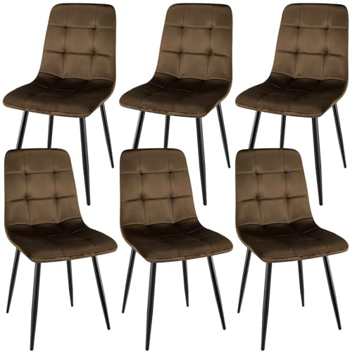 WAFTING 6er Set Gepolsterte Esszimmerstühle mit Hoher Rückenlehne | Samtbezug, Metallfüße und Schachbrettmuster, Geeignet für Esszimmer, Küche und Wohnzimmer, Braun