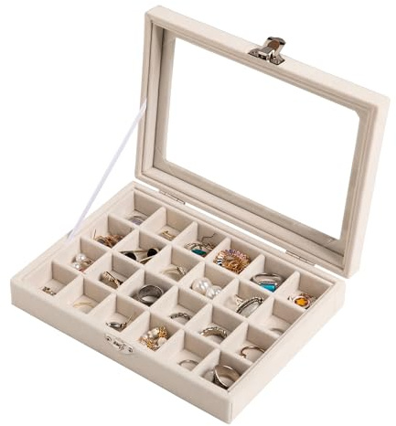 Frebeauty 24 Grid Jewelry Tray,Velvet Stud Earring Organizer,Small Jewelry Organizer with Clear Lid,Lockable Earring Holder for Women & Girls（Beige
