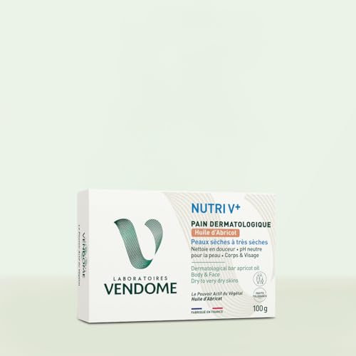 LABORATOIRES VENDÔME - NUTRI V+ - Pain Dermatologique Huile D'Abricot - Corps & Visage - Nettoie En Douceur & Nourrit - pH Neutre & Sans Savon - Haute Tolérance - Peaux Sèches À Très Sèches - 100g