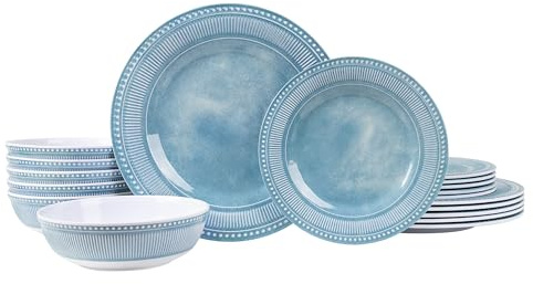 AELS Juego de vajilla de melamina de 18 piezas, juego de platos para uso en interiores y exteriores, juego de platos y cuencos de melamina para 6, apto para lavavajillas, ligero, irrompible, sin BPA