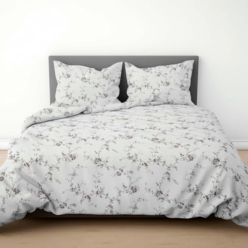 LINENWALAS 100 % percale bomull 3-delat dubbelt påslakanset, mjukt, skarpt och svalkande lyxigt påslakanset med blixtlåsstängning sängklädesset (vingård, dubbel)