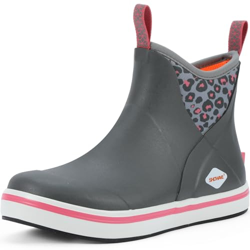 Showave Kid's Deck Boots Waterproof Ankle Rain Boots for Boys Girls Insulated Neoprene Rubber Boots Non-slip Child Rain Shoes (Pink cheetah,5 Big Kid)