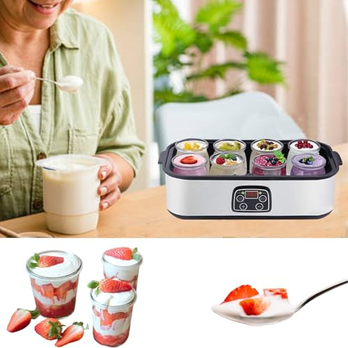 Automatic Probiotic Yoghurt Maker, Yoghurt Machine with 8 Lids and Jar, Adjustable Temperature & Time Control Yogurt Maker Machine, Gifts for Men and Women(Silver)