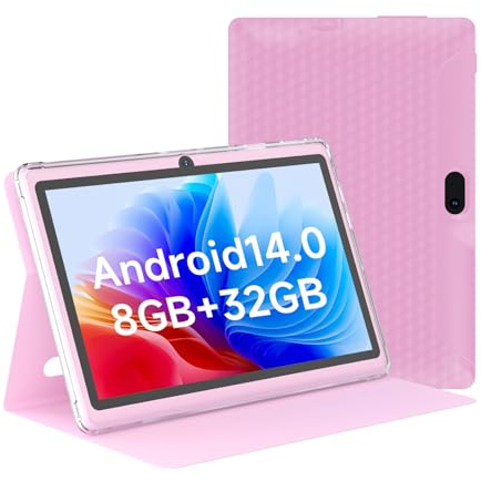 HOTTABLET Tablet 7Inch Android 14.0 with Protective Case, 8GB(4+4GB Expand) RAM+ 32GB ROM, IPS Screen, Dual Camera, Bluetooth 5.0 WiFi Tab (Pink)