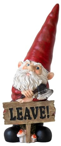Rude Garden Gnome Ornament Holding Sign - Naughty Gnome 25cm (LEAVE!)