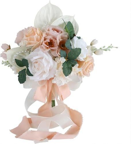 Yvessvi Bouquet da sposa artificiale, bouquet da sposa con fiori per matrimonio, bouquet da sposa di rose per matrimonio, bouquet da sposa vintage per cerimonia nuziale in chiesa
