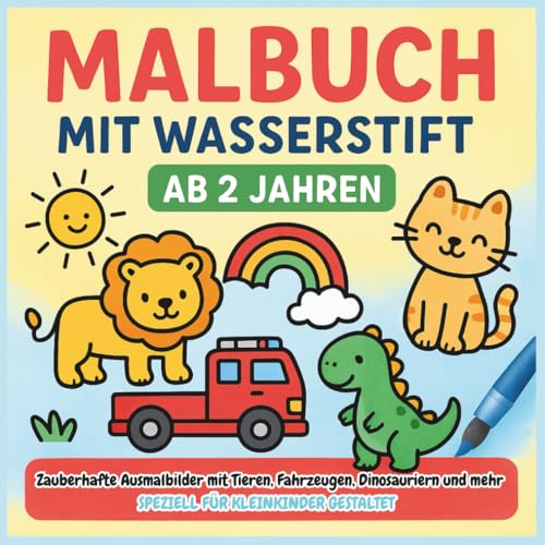 Malbuch mit Wasserstift ab 2 Jahren Zauberhafte Ausmalbilder mit Tieren: Fahrzeugen Dinosauriern und mehr speziell für Kleinkinder gestaltet