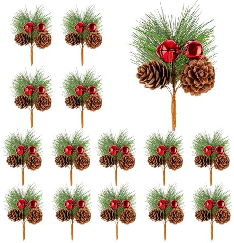 30 PIEZAS de ramas artificiales de pino, agujas de pino de Navidad, ramas falsas de acebo con bayas rojas, conos de pino, tallos rojos, hojas de acebo en ramo para hacer coronas de Navidad de