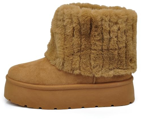 IF Stivali Stivaletti Caldi Invernali Da Donna Al Polpaccio Con Pelo Pelliccia Platform Zeppa Camoscio Sintetico T004 Camel N.39