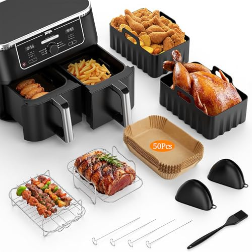 Vernatti Air Fryer Accessories, 8PCS for Ninja/Keplin/Tower 7.6L-9.5L Dual Air Fryers, Includes Air Fryer Liners Silicone, Grill Rack, Gloves, Oil Brush, 50 PCS Air Fryer Liners, Unbleached