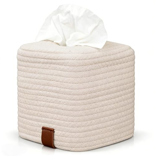 Stylish Cotton Tissue Box Cover - A Beautiful Cream Tissue Holder, Tissue Dispenser, Made of Cotton Rope, The Perfect Cube Cover for Your Bathroom, Office and Home